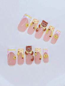 10Pcs Y2K Nails Pipe-Shaped Press On Nails Set - Handcrafted, Yellow Nails, Yellow French Tip Style, Hand Drawn Yellow And Pink Stripe French Style, Handmade 3D Monkey And Handmade 3D Banana Pattern, Hand Drawn Transparent 3D Pattern Design - Suitable For Women And Girls, Party, Wedding Nail Supplies Nails - 多色 4 - 查看 1