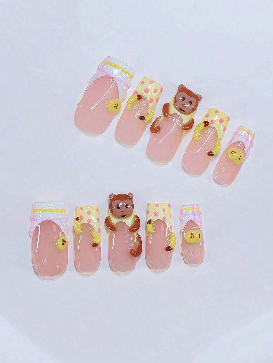 10Pcs Y2K Nails Pipe-Shaped Press On Nails Set - Handcrafted, Yellow Nails, Yellow French Tip Style, Hand Drawn Yellow And Pink Stripe French Style, Handmade 3D Monkey And Handmade 3D Banana Pattern, Hand Drawn Transparent 3D Pattern Design - Suitable For Women And Girls, Party, Wedding Nail Supplies Nails - 多色 4 - 查看 1