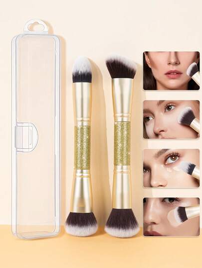 SEPROFE 2pcs Dual-Ended Makeup Brush Set, Portable Case, 2-In-1 Multifunctional Face Makeup Brushes, Luxury Shiny Handle, Ultra-Soft Fibers For Foundation, Concealer, Blush, Contour, Daily Makeup Tools