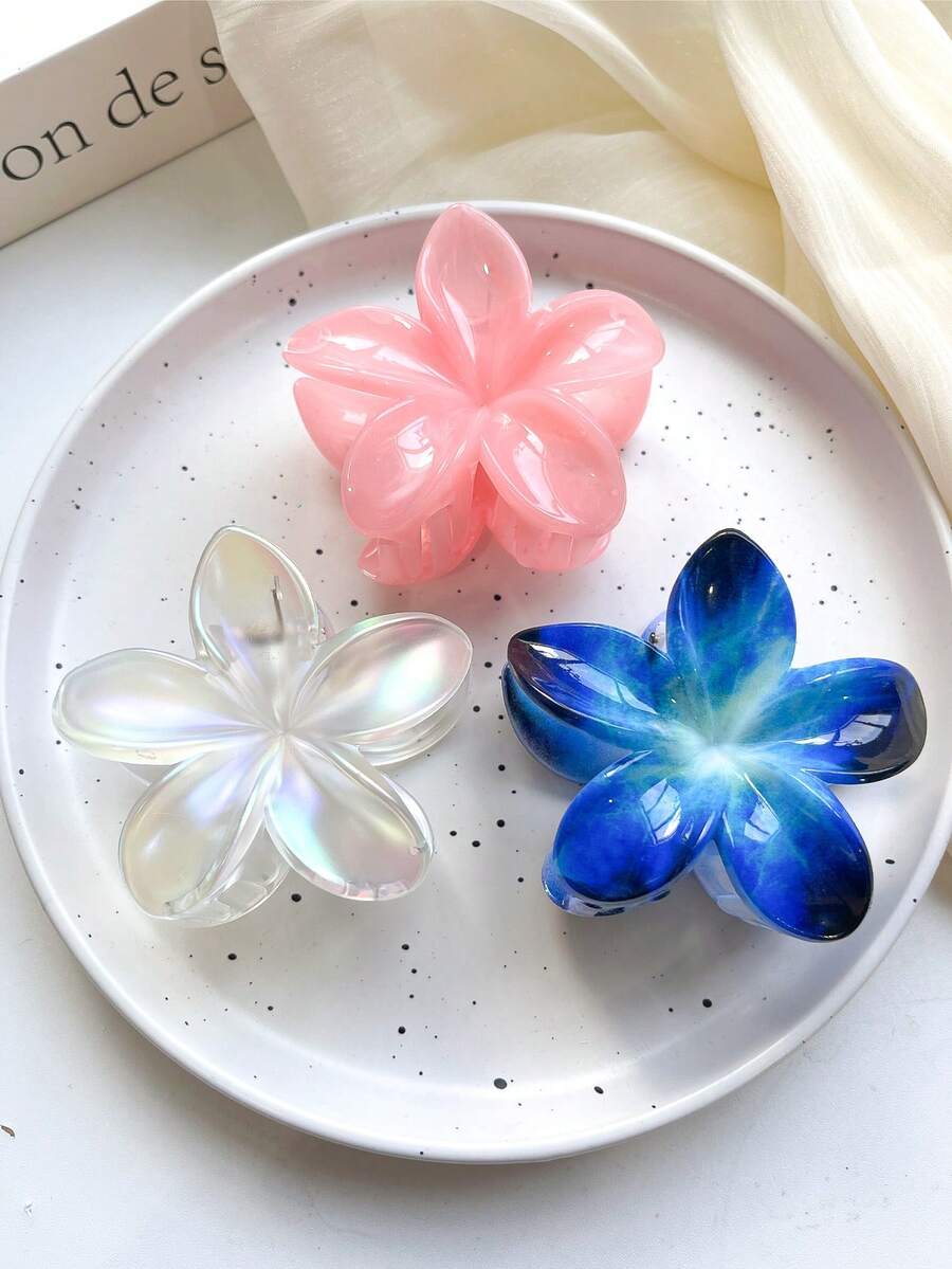 Bộ 3 kẹp tóc nhựa hình hoa dâm bụt, kích thước 7.4cm/2.91in, màu xanh dương/trong suốt/hồng, nhẹ, phù hợp cho sử dụng hàng ngày, dạo phố, dự tiệc, đi làm, đi biển, nghỉ mát, buộc tóc đuôi ngựa, búi tóc, rửa mặt, trang điểm, phụ kiện thời trang, kẹp tóc thời trang, phụ kiện tóc mùa đông, mùa hè. - Nhiều màu - Xem 1
