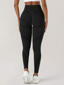 Yefecy 女士高腰无缝运动紧身裤，提臀塑形，健身瑜伽裤，收腹提臀，褶皱修身黑色春季款 - 黑色 - 查看 5