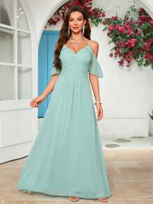 Women's V-Neck Spaghetti Strap Backless Dress With Ruffle Sleeves, Cross Pleated Flared Hem Bridesmaid Gown - Green - View 1