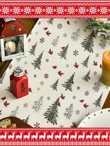 Christmas Pine Tree Table Runner - Polyester Woven Rectangular Table Decor With Holly Berries And Merry Christmas Greeting For Home And Party Seasonal Kitchen Dining Decoration
