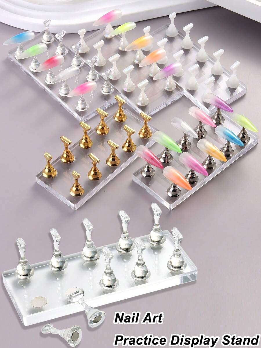 1pc Magnetic Nail Art Practice Display Stand Transparent Gold And Silver Aurora Nail Stand Acrylic Transparent Base Nail Art Display Stand Practice Tools Suitable For Beginners DIY False Nails Nail Art Salon Nail Supplies