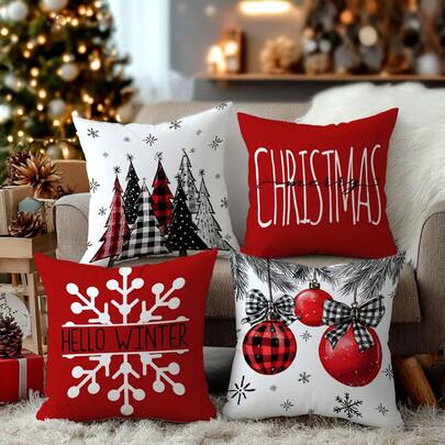 4 件套圣诞节简约红色格子圣诞树与雪花插画靠垫套套装，单面印花桃色天鹅绒材质，45*45/50*50/40*40CM 枕套适用于房间装饰、现代简约沙发客厅装饰、礼物、派对装饰