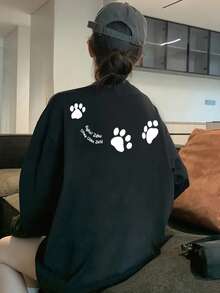 女士宽松卡通印花长袖棉质T恤，百搭春秋装 - 黑色 - 查看 1