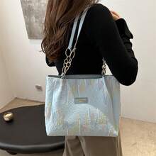 Womens Canvas Tote Bag Zipper Closure Stylish Embroidered Large Capacity Shoulder Bag - Blue - View 2