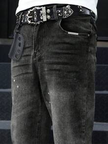 Flared Jeans, Stretch Denim Jeans, Skinny Jeans, Distressed Washed Denim Jeans, Versatile & Fashionable Cotton Product, Slant Pockets Washed Denim - Black - View 6