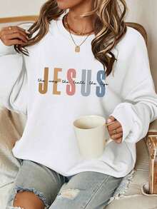 LUNE Casual Minimalist Jesus God Print Pattern Loose Fit Crew Neck Long Sleeve Hoodie Sweatshirt Women,Winter Clothes Women Autumn - 白色 - 查看 1