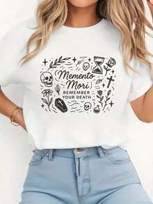 Cómoda camiseta de manga corta con cuello redondo para mujer con estampado único de letras de dibujos animados de Memento Mori - Blanco - Ver 1