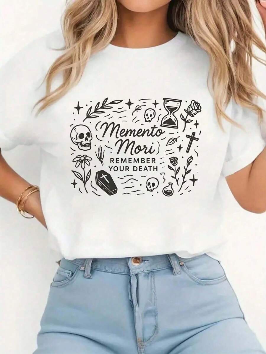 Cómoda camiseta de manga corta con cuello redondo para mujer con estampado único de letras de dibujos animados de Memento Mori - Blanco - Ver 1
