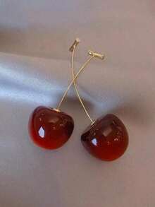 1 Pair Sweet & Fresh Cherry Fruit Dangle Earrings Suitable For Women Daily Wear And Party - Màu Đỏ Sâu - Xem 3