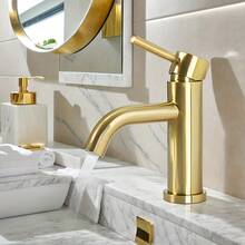 1 件金色不锈钢冷热水龙头 - 单把手浴室水槽混合水龙头，适用于家庭和梳妆台，节水设计，包含安装硬件，拉丝金属饰面，豪华洗脸盆水龙头 | 优雅的水龙头款式 | 不锈钢水龙头