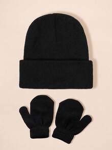 2 pezzi/set Guanti senza dita lavorati a maglia tinta unita + Cappello lavorato a maglia tinta unita per bambini, Set berretto invernale casual antivento e caldo per bambini e bambine per uso esterno - Cappello lavorato a maglia + guanti - Visualizzare 3