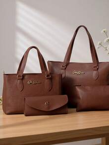 Kit 4 Anjik Medium Women's Bags + Wallet + Tote Bag + Toiletry Bag, Zipper Closure, Synthetic PU, Everyday Bag, Luxurious, Elegant, Party, Work, School, University. Gaby Show - 駝色 - 查看 2