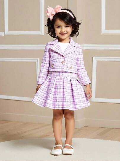 Mädchen modisches 3-teiliges Outfit für Herbst/Winter, bestehend aus lila karierter Jacke mit Taschen, weißer strukturierter Rollkragenweste und lila kariertem plissiertem Rock, stilvoller Lässig-Look für Mädchen im Alltag