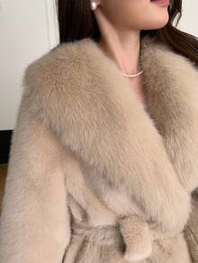 Women's Solid Color Long Sleeve Faux Fur Collar Tie Waist Christmas Jacket - Apricot - View 7