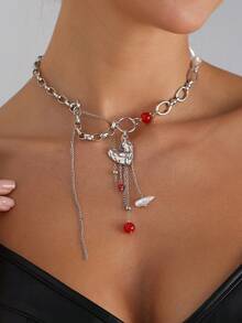 1pc Y2K Punk Style Dark Girl Asymmetric Heart Pendant Beaded Tassel Necklace, Suitable For Various Theme Parties