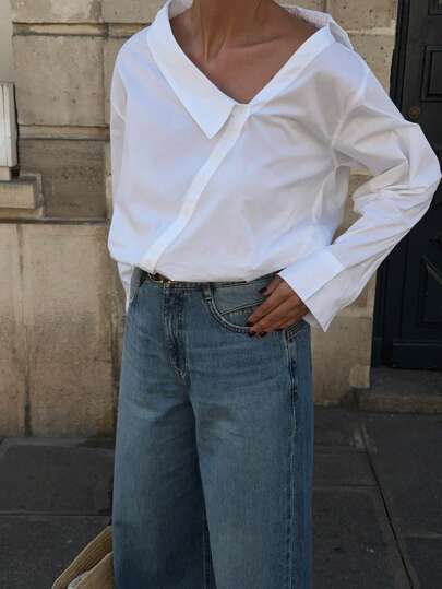 Camisa clásica de unicolor con botones delanteros, cuello vuelto y manga larga, color blanco, para primavera