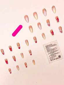 24片/套 法式杏仁形海洋风优雅3D粉色波点渐变花卉装饰亚克力美甲贴片，含1片果冻胶和1个指甲锉，浪漫甜美，适合日常佩戴和约会美甲。 - 彩色 - 查看 4