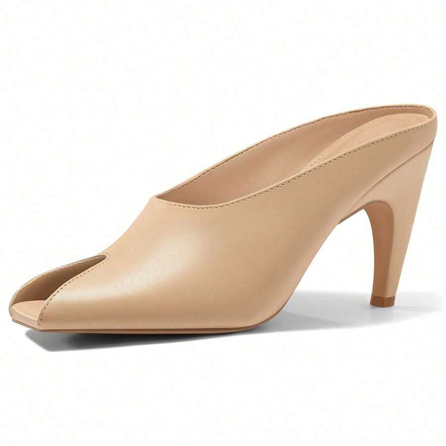 Womens Kitten Heel Mules Open Toe Slip On Slide Sandals Summer Dress Shoes - Màu Khaki - Xem 1