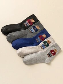 5 Pairs Cute Cartoon Bear Design Fashionable, Comfortable & Breathable Women's Mid-Calf Socks, Suitable For Easter, Fall