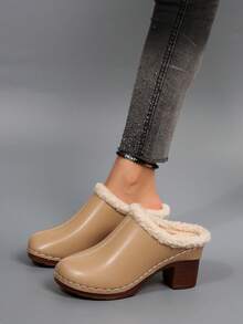 Pantuflas de mujer tipo mula de estilo retro con, parte superior + ribete cálida + costura blanca + diseño de tacón grueso, estilo casual vintage para uso diario, ir y venir, compras, atuendos versátiles, cómodas y de moda, forro