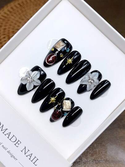 10 piezas de uñas postizas hechas a mano, de forma de almendra, con diseños pintados a mano en estilo europeo y americano, para aplicar