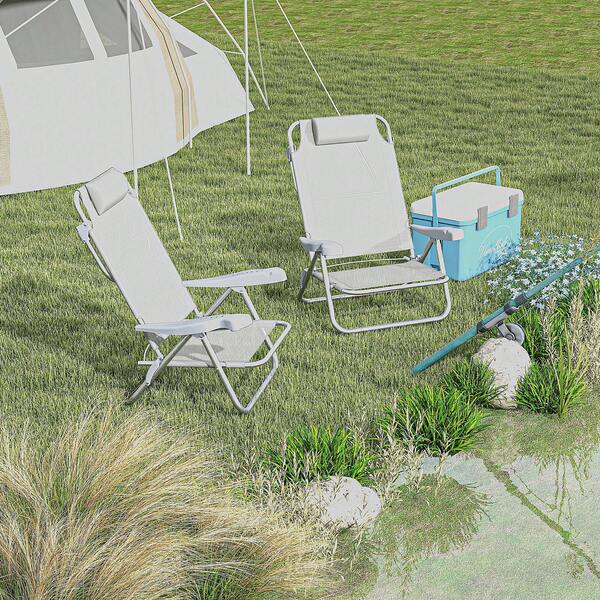 Outsunny Set Of 2 Portable Fishing Chairs, Lightweight Camping Chairs With 6-Level Adjustable Backrest And Headrest, Folding Chair For Outdoor, Beach, Light Grey