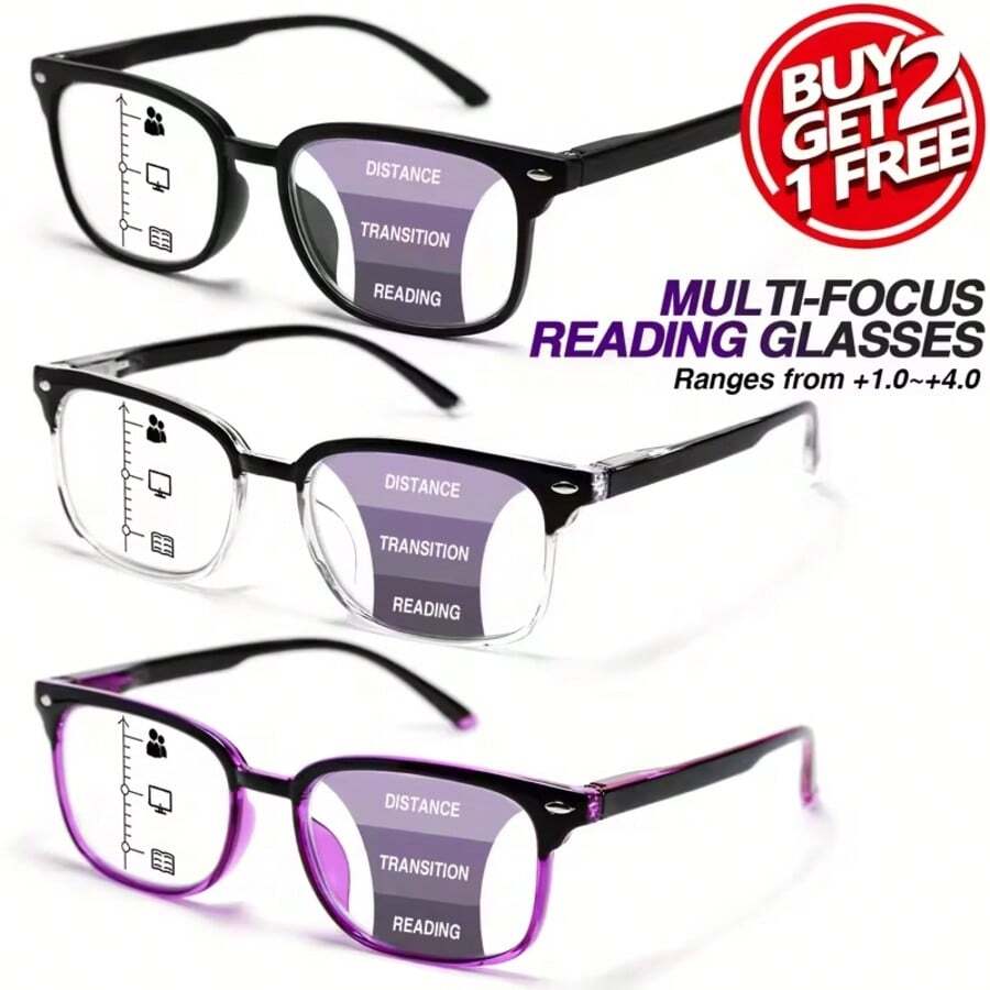 2pcs/3pcs Classic Multi-Focus Reading Glasses, Bifocal Progressive Lens, Non-Slip Nose Pads, Ultra-Light Frame With Spring Hinges For Comfortable Wear, Fashionable Black & Purple Color - 黑+黑白+紫 - 查看 1