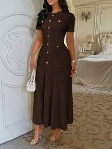 Unadoll 女士春季圆领短袖仿口袋纽扣装饰面料优雅教师套装，适合约会、郊游、生日、派对、旅行、情人节等场合。 - 棕色 - 查看 9