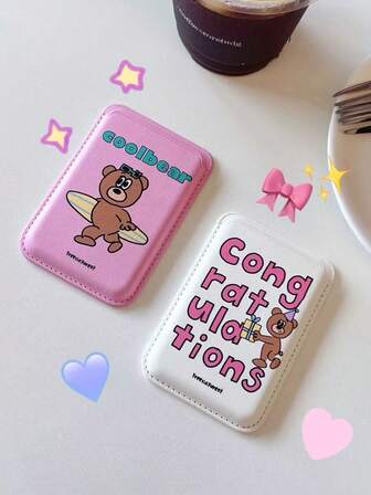 1 pieza Estuche para tarjetas con diseño de oso coreano estilo Ins, estuche con ranura para tarjetas y cierre magnético Magsafe, adecuado para iPhone 17 Pro Max/16/15/14/13/12