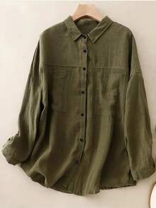 Plus Size Button Front Long Sleeve Woven Casual Shirt, Regular Fit - Army Green - View 8