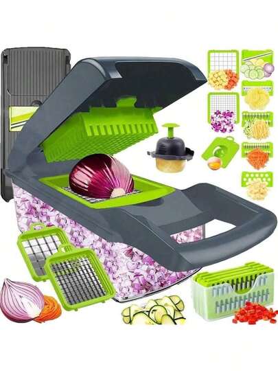 1 Tritatutto per cipolle, macchina da taglio multifunzionale, strumento per la lavorazione degli ingredienti, tritatutto per cipolle con cestello di drenaggio, tritatutto per carote e aglio con contenitore, utensili da cucina, accessori da cucina, adatto per uso domestico/ristorante per una rapida preparazione