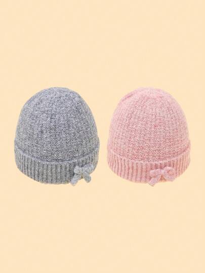 1 件儿童时尚蝴蝶结针织护耳帽，男女通用秋冬保暖休闲套头帽