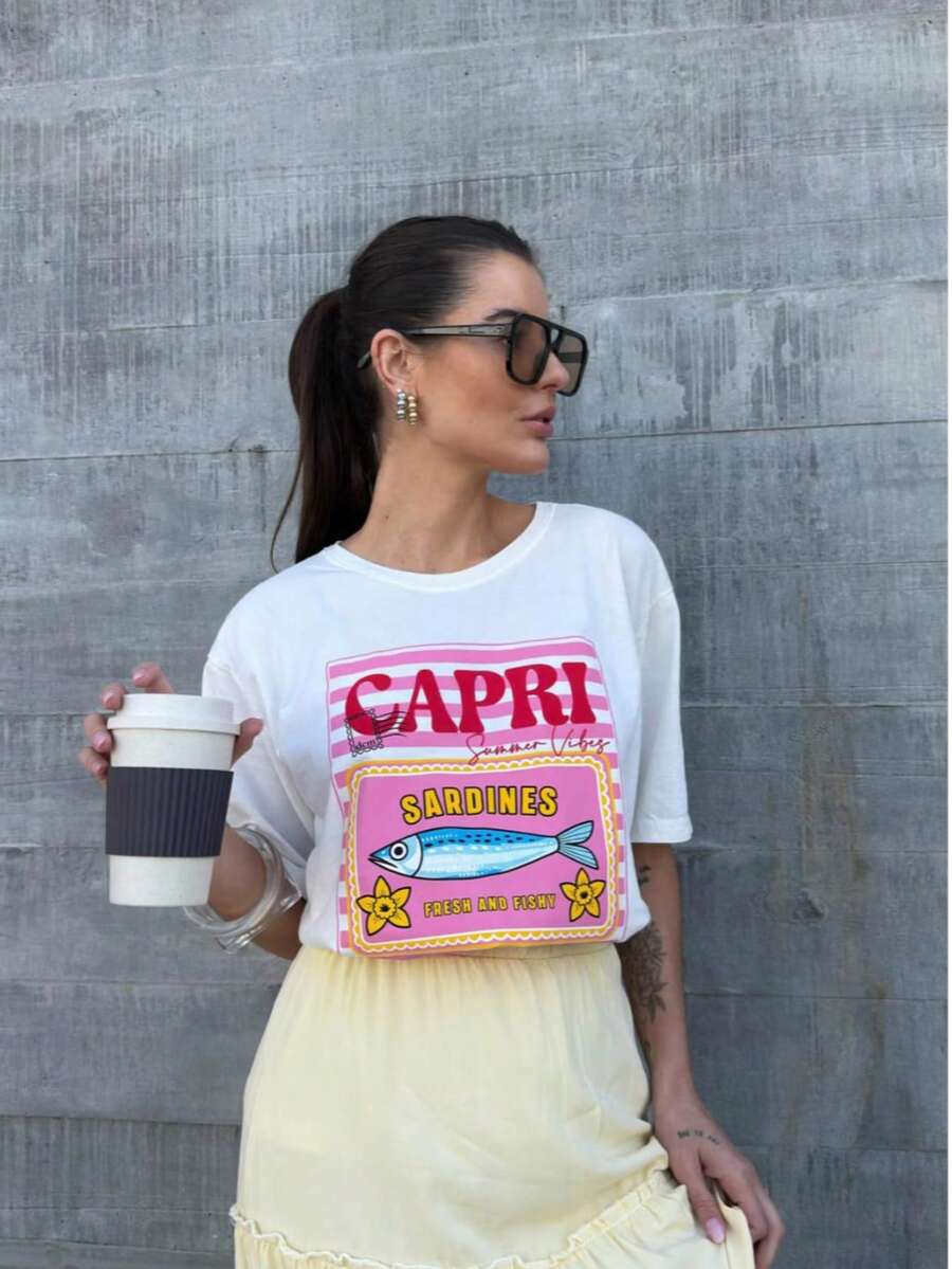 Camiseta Feminina Gola Redonda Estampa Verão CAPRI ITALY Blusa em Algodão Premium