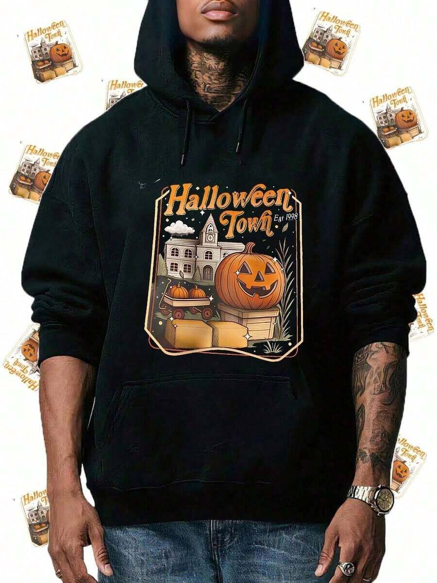 Halloween Hooded Sweatshirt Men 's Plus Size, Pocket Drop Shoulder Drawstring Hoodie,Long Sleeve Tops Street Sport Loose Hoodies Print Long Sleeve Harajuku Hip Hop Hoodie For Men , Halloween Festival Line Up Can Be Used As Gifts,Fall Hoodies,Men's Fall Clothes,Street Wear,Halloween,Mens Hoodies,Y2k Clothes,Jesus Hoodie,Thanksgiving Day,Nightmare Before Christmas,Christmas - Black - View 1