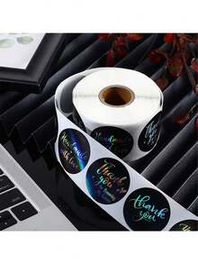 500张全息“谢谢”涂鸦贴纸，1英寸圆形，8种图案，彩虹光泽激光打印英文感谢贴纸，办公用品，圣诞节新年派对礼物包装DIY，适用于信封、杂志、计划本、剪贴簿等文具用品，趣味贴纸，Kindle适用 - 黑色鐳射感謝 - 查看 3