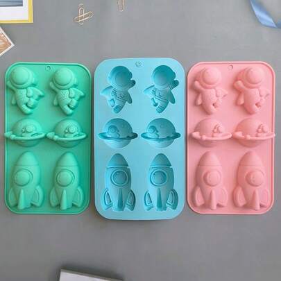 1 pieza Juego de moldes de silicona de 6 cavidades, incluye 3 patrones (Tierra, cohete, astronauta), para hacer pasteles, chocolates, pudines y panes. Herramienta para decorar pasteles.