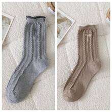 1/2/3/5 双装女士中筒袜，适合秋冬季节，可爱蝴蝶结图案，保暖舒适，可搭配靴子，厚羊毛袜，舒适袜