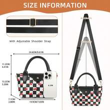 Czarno-biała torba w kratkę z regulowanym paskiem na ramię i nadrukiem wiśniowym – torba na ramię z wieloma kieszeniami, idealna do dojazdów do pracy, idealny prezent dla przyjaciół i rodziny