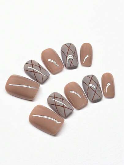 10 pièces/set Ensemble d'ongles carrés marron à carreaux en cristal d'œil de chat, couvrant complètement les ongles, pressés à la main, réutilisables, disponibles en 4 tailles, convient aux filles/femmes, actrices, spectacles, festivals, fêtes, mariages, port quotidien, cadeau de premier choix, très mignon