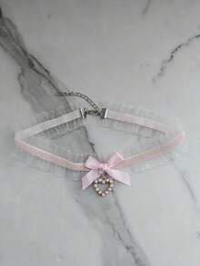 1 chiếc vòng cổ ren ngọt ngào dễ thương với ngọc trai giả, trang trí hình trái tim và nơ, quà tặng cho cô ấy - Hồng - Xem 2