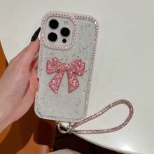 1PC Stylish Rhinestone-Embellished Phone Case – With Bow Accent & Detachable Bracelet For IPhone 13-16 Series - 粉色 - 查看 3