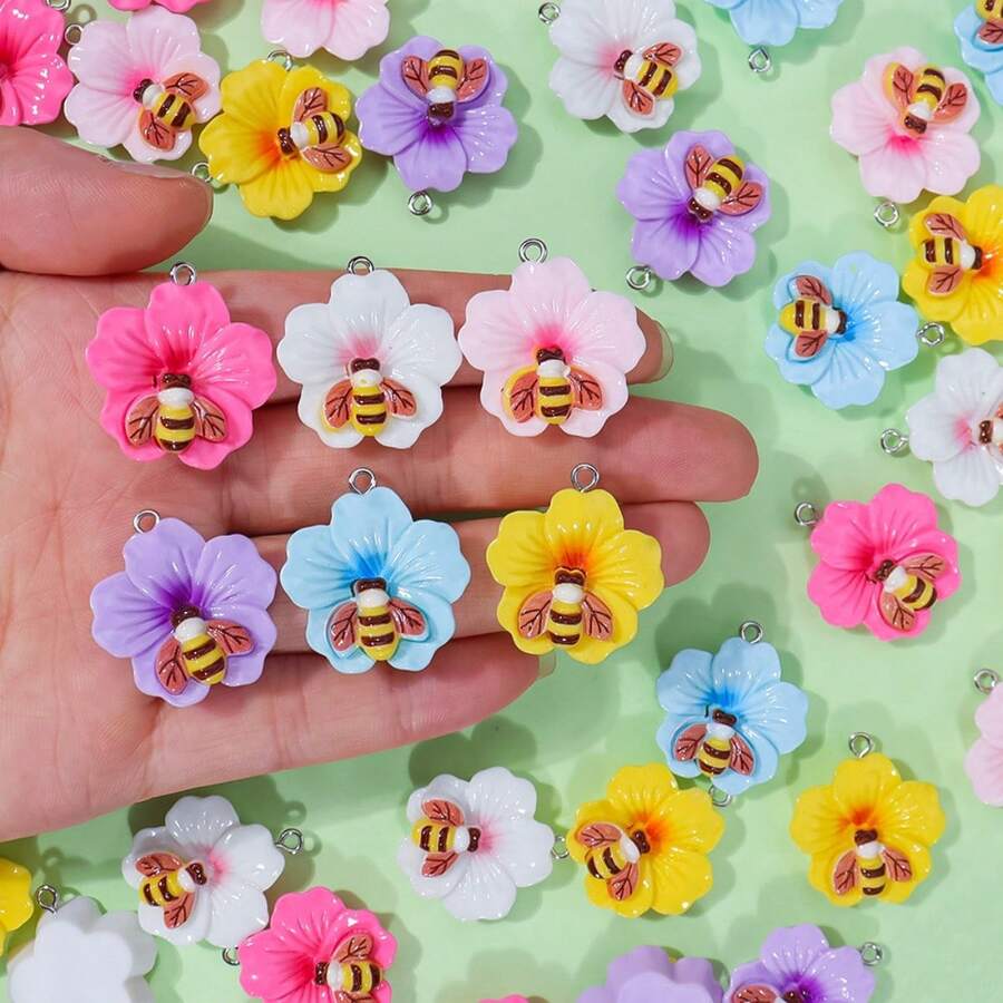 10/20pcs Colorful Bee & 5-Petal Flower Resin Pendant, Suitable For DIY Necklace, Bracelet, Earring, Keychain Jewelry Making