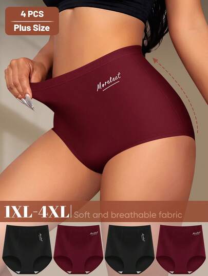 MEIYATING 4pcs Plus Size Women High Waist Tummy Control Cotton Briefs With English Print, Comfortable Daily Underwear