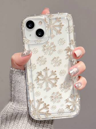 1 pieza Funda de teléfono transparente de TPU con patrón de copo de nieve personalizado y de moda, con absorción de golpes, compatible con iPhone 16/16Pro/16Plus/15/15ProMax/15Pro/11/12/13/14ProMax/12Mini/13Mini/11Pro/11ProMax/12Pro/12ProMax/13Pro/13ProMax/14Pro/14ProMax, funda suave con acabado de alta gama