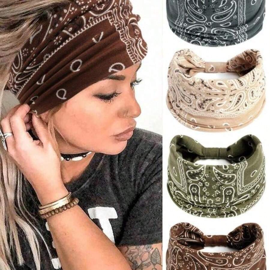 4pcs Paisley Pattern Knot Design Hair Band, Boho Wide Elastic Knotted Headband For Gym Workout, Hair Accessories For Yoga Wear, Dance, Mothers Day Gift Ideas, Gifts For Wife, Zigzag Headband For Camping - 彩色 - 查看 1