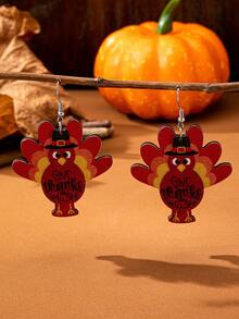 1 Pair Printed Wood Thanksgiving Turkey Earring - Holiday Festive Earrings Jewelry Gift For Mother Wife Girlfriend