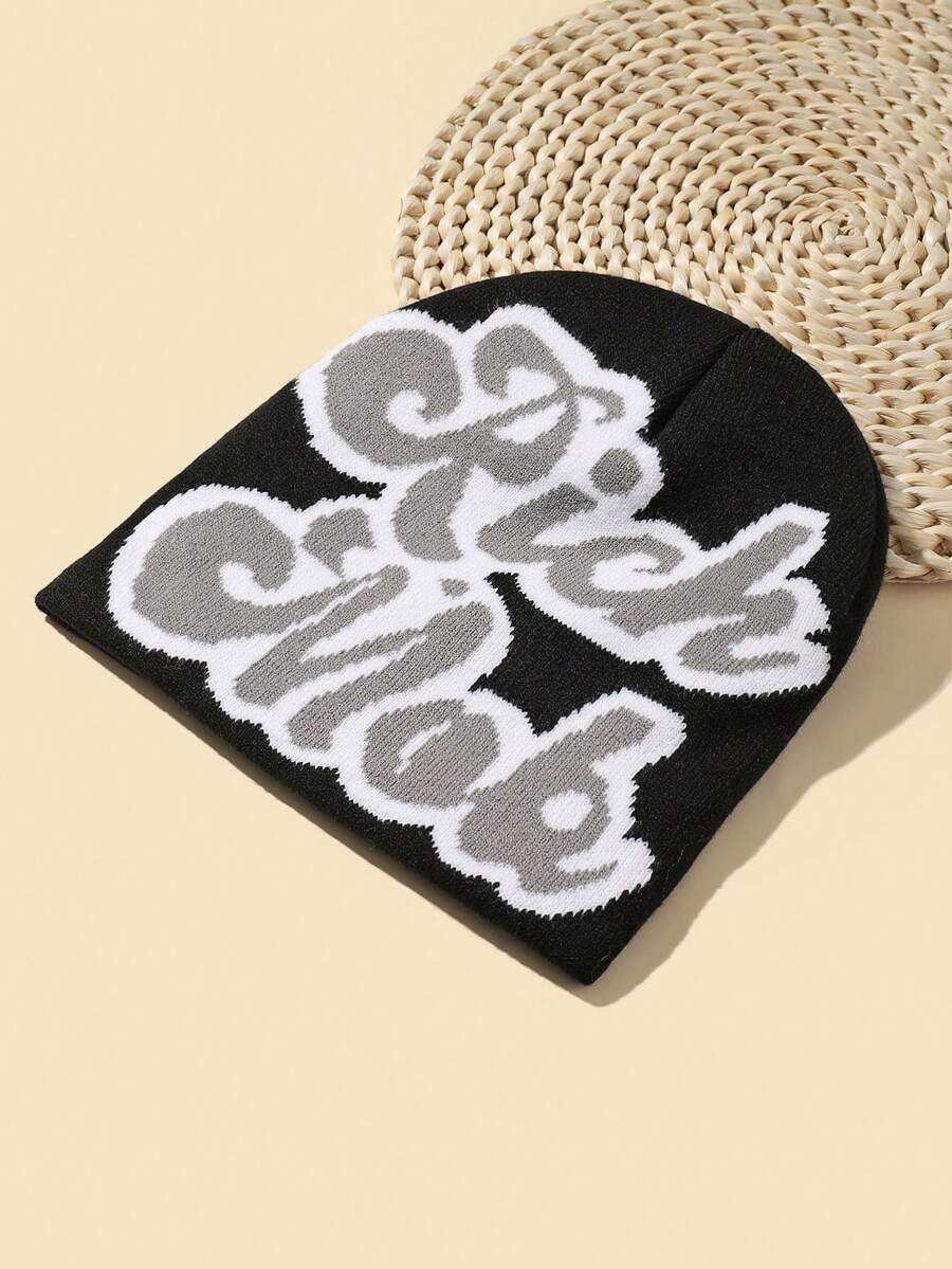 1顶字母刺绣针织帽，欧美风格，新款秋季时尚保暖帽，冬季保暖男士冬装 - 字母黑灰色 - 查看 1